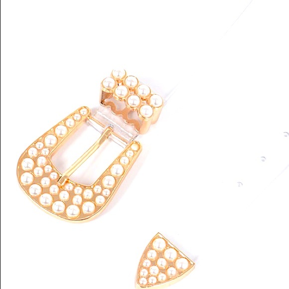 Gold Double Pearl Accent Buckle Clear Statement Belt - Picture 3 of 4